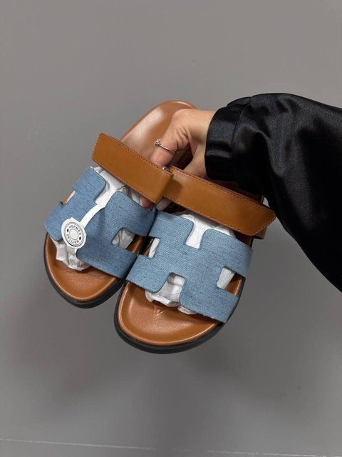 Жіночі блакитні шльопанці, капці Hermes Chypre Apricot Sandals Jeans Brown х Ермес 36 ALL17065 фото
