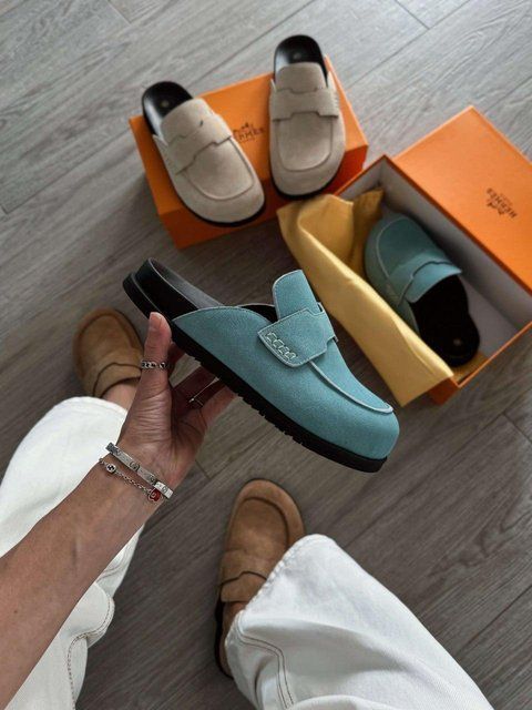 Жіночі блакитні шльопанці, капці Hermes Mule Blue Flats х Ермес 36 ALL21033 фото