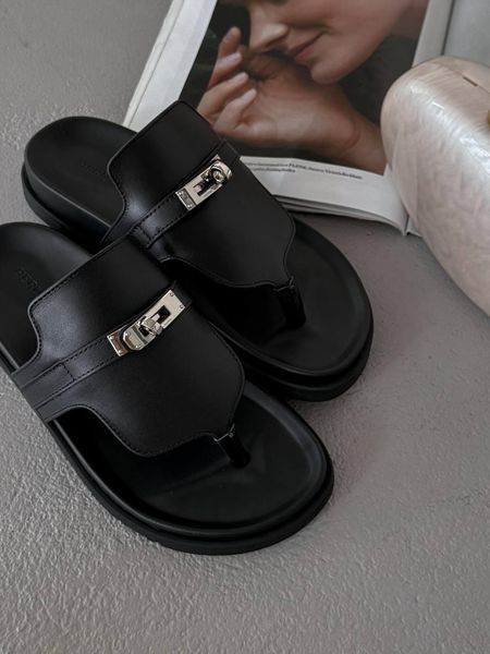 Жіночі чорні шльопанці, капці Empire Sandal Hermes Leather Black х Ермес 37 ALL21211 фото